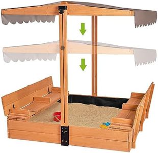 Kids Wooden Outdoor Sandbox w/Canopy, 2 Foldable Bench Seats, Retractable Roof Sand Protection Liner 47x47-Inch