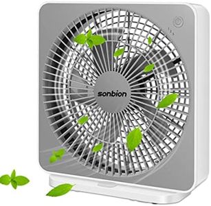 SONBION Small Box Fan, 10 inch Window Fan with 3 Speeds Strong Airflow, DC Adapter Square Table Fan for Bedroom Living Room Office Apartment, Quiet and Lightweight, 5ft Power Cord