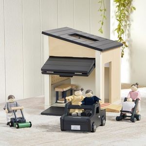 Tiny Land Wooden Doll House Family Set & Park ’n Play Garage – Wooden Dollhouse Kit with Poseable Dollhouse People, SUV, Lawn Mower & Workbench – Toddler Doll House Playset Gift for Kids Ages 3+