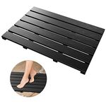 Bath Mat for Bathroom Luxury Shower - Non-Slip Bamboo Wooden Waterproof Floor Mat for Indoor or Outdoor Use (Black)