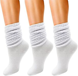 3 Pairs Slouch Socks for Women, Soft Extra Long Scrunch Knee High Sock, Bulk Pack, White, One Size