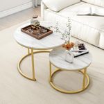 HOJINLINERO Round Coffee Table Set of 2 End Tables for Living Room,Circular and Marble Nesting Coffee Table Wooden Accent Furniture with Golden Metal Frame,Stacking Side Tables,White