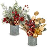 Hollyone 2 Pack Christmas Tree Potted Plant 12" Artificial Small Christmas Table Decorations with Christmas Ball Ornaments Fake Berries Pine Cones for Indoor Home Office Xmas Party Centerpieces Decor