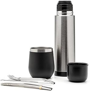 BALIBETOV Complete Yerba Mate Set - Modern Mate Gourd, Thermos, Bombilla and Cleaning Brush Included - All Premium Quality 304 18/8 Stainless Steel (Black)