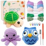 papasgix Beginner Crochet Kit, Complete Animal Crochet Yarn Set, Crochet Knitting Kits for Starters with Crochet Hooks Needles Yarn for Adults Kids DIY Craft Art(Purple+Green+Blue)