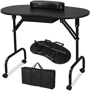 Yaheetech 37-inch Portable & Foldable Manicure Table Nail Desk Workstation with Large Drawer/Client Wrist Pad/Controllable Wheels/Carrying Case for Spa Beauty Salon Black