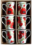 Poppy Bone China Mugs - Set of 6 Gift Boxed 10oz China Mugs Each Decorated with Bright red Poppy Chintz