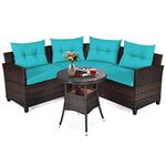 Tangkula 4-Piece Patio Furniture Set, C-Shape Outdoor Wicker Sectional Sofa Set, w/Cushions & Glass Coffee Table, Modern Deck Rattan Furniture for Garden Poolside Balcony (Turquoise)