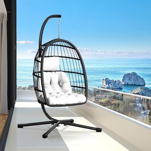 CHABATREE Egg Chair with Stand,Patio Rattan Wicker Hanging Swing Egg Chair Hammock Chair for Bedroom Porch Garden,Thickened Aluminum Alloy Steel Frame and UV Resistant Cushion,350LBS Capacity