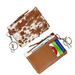 Western Cowhide Leather Wallet Keychain with Credit Card Holder and Coin Purse, Tan/White, Leather Keychain Cardholder