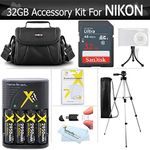 32GB Accessory Kit For Nikon Coolpix B500, L330, L340, L810 L820 L830 L840 Digital Camera Includes 32GB High Speed SD Memory Card + 4AA Rechargeable NIMH Batteries + Rapid Charger + Case + Tripod ++