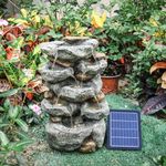 Warmiehomy Solar Water Fountain, 5 Tier Solar Water Feature Rock Fountain, Waterfall with Solar Powered Pump and LED Lights for Outdoor, Garden Fountains and Water Features, Height 49CM, Grey
