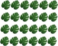 KINBOM 24 Pcs 6 Inch Artificial Palm Leaves, Tropical Faux Leaves Green Faux Monstera Leaves for Hawaiian Luau Jungle Party Safari Birthday Table Decorations (S)