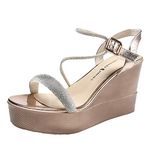 Momolaa Womens Glitter Rhinestone Open Toe Platform Wedges High Heel Sandals Ankle Strap Shinny Crystal Wedding Dress Shoes Party Shoes 4.5 3#Gold