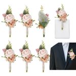 DELORIGIN 6pcs Flower Wedding Boutonniere Rose Pocket Corsage for Men with 6 Plastic Sleeve, Handmade Boutonniere Men Corsage for Wedding Groom Groomsmen Anniversary Ceremony Party Prom Dinner