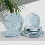 Dinnerware Sets 12 pcs Plates and Bowls Sets Melamine Plates Indoor and Outdoor use French Court Style Dish Set Plate Set for 4 Dishwasher Safe（Blue）