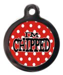 PS Pet Tags - Microchipped Pet ID Tags - I'm Chipped Red Polka Dot Design - Zinc Alloy Metal - Large (32mm) Small (24mm) - Personalised On Reverse - Dog Cat Cute Name Address Tag