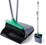 Eyliden Broom and Dustpan Set with Stand-Up Dustpan, Self-Cleaning Comb, Adjustable Handle - 4-Row Dense Bristles Sweeper for House, Office, Lobby, Shop, Classroom, Indoor and Outdoor (Black & Green)