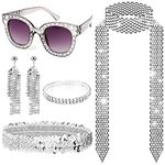 GAVIK 5pcs 70s Disco Accessories Disco Costume, Disco Glasses Bling Sunglasses Long Scarf Necklace Earrings A