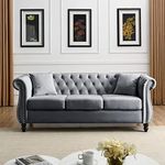 80" Chesterfield Sofa Couch Velvet 3-Seater Sofa with Two Pillows, Nailhead & Rolled Arms Upholstered Sofa with Curved Backrest Solid Wood Legs for Living Room, Bedroom, Office (Grey)