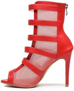 BREXLI Women's Dance Heels Peep Toe Net Yarn Ballroom Salsa Dance Shoes Party High Heel Dance Performance Ankle Dance Boots Heel 3.5 inches(RED US9)