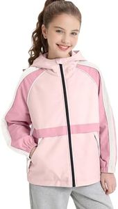 Rolanko Girls Rain Jacket Waterproof Lightweight Hooded Windbreaker Raincoat for Kids Outdoor Hiking School Travel (Pink, 14-15 Years)