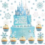 HOWAF Frozen Cake Toppers, Frozen Cupcake Toppers Snowflake Cupcake Toppers Frozen Castle Cake Topper Snowflake Confetti Happy Birthday Cake Toppers Frozen Party Decorations Snowflake Cake Decorations