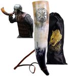 FENRIR Viking War Blowing Horn 18 Inch | Authentic Ox Horn Battle Trumpet With Leather Strap | Norse Medieval Style | Home Decor Accessories | Unique Gifts for Men | Compass Finish