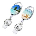 Badge Reel Retractable Badge Holder with Retractable Keychain for Keys Cute Name Nurse Decorative Badge Reels with Belt Clip on ID Card Holders (2 Pack Beach Palms & Starfish)