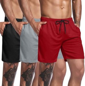 COOFANDY Men's 3 Pack Athletic Performance Shorts Mesh Quick Dry Gym Workout Active Shorts Short Pants with Pockets,Red/Grey/Black,Small