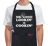 Xornis 100% Cotton Funny Aprons for Men Mr. Good Looking is Cooking Kitchen Grill BBQ Adjustable Bib Aprons with 2 Pockets Gifts for Dad Father's Day Birthday Anniversary