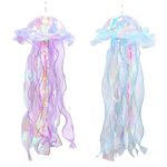 Glitter Iridescent Jellyfish Hanging Decor Blue Purple Jellyfish Kit for Under The Sea Little Mermaid Party Decoration Centerpiece Hanging Jelly Fish Decor Ocean Birthday Wedding Bridal Baby Shower Party Supplies (2pcs-purple and Blue)