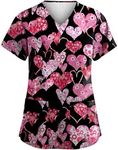 DNKZWUPUP Scrubs for Women Tops Plus Size V-Neck Short Sleeve Scrub Tops Stretch Cute Print Nursing Shirts Petite Holiday Nurse Medical Uniforms with Pockets #09-Red 2XL