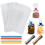 Cellophane Bags Pack of 50 (6 x 10 Inches) Food Safe Cookie Bags with 50 Mix Colors Pull Bows & Twist Ties - Clear Bags for Halloween & Christmas Gifts, Packaging Sweet bags for Hamper Making