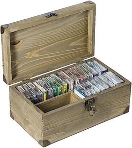 MyGift Vintage Gray Brown Wood Retro Audio Cassette Tape Storage Box with Antique Brass Tone Metal Latch and Brackets, 4 Compartments Hold up to 32 Tapes