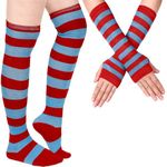 Blulu Arm Warmers Leg Warmers for Women Girls Striped Thigh High Socks Fingerless Gloves Striped Stocking(Red and Blue)