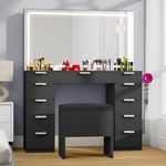 DWVO Dressing Vanity Table with Spacious LED-Lit Mirror & Electrical Socket, 11-Drawer Cosmetic Makeup Table with Magnifier, 46'' Dressing Table with Organizing Stool for Bedroom, Jet Black