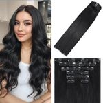 WindTouch Natural Black Hair Extensions for Women Clip in, 14 Inch 120g 7Pcs Black Human Hair Clip in Extensions, Clip on Hair Extensions Remy Hair Extensions for Women Full Head Natural Straight