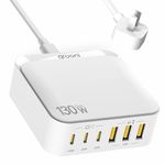 grooni 100W USB C Charger Block for iPhone 15, Fast Charging, Pure Copper 6ft Cable, 6 Ports, 3 Type-C & USB-A, Compatible with Android, MacBook, iPad, White, Anti-Slip Dock