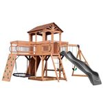 Backyard Discovery Sterling Point All Cedar Wooden Swing Set, Raised Clubhouse, Grey Wave Slide, Web Swing, Climbing Wall, 10ft Wave Slide, 2 Belt Swings, Front Porch, Bridge