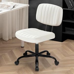 DUMOS Small Armless Office Chair with Rolling Wheels, Swivel Comfortable PU Leather Computer Chair with Low Back, Makeup Task Vanity Chair for Teenagers, Students, Study Room, Home, Bedroom （White）