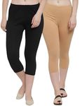 ARIHANT PLAZMA Women's Premium Cotton Hosiery 4-Way Lycra Skinny Fit 3/4th Capri Leggings Combo (Pack of 2) - Black-Skin |Trendy & Comfortable Waist Size : XL-(34-40) inch | Length : 29 Inch