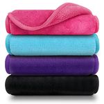 Orighty Makeup Remover Cloths Pack of 4, Reusable Microfiber Facial Cleansing Cloths, Remove Instantly Dirt, Makeup&Waterproof Mascara with Just Water, 15.5 x 7.5 in, Blue/Purple/Black/Pink