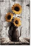 Rustic Sunflower Canvas Wall Art: Vintage Flower Picture Print Farmhouse Wall Decor - Floral Pot Decorative Poster Framed Artwork Decoration for Bedroom Home Office Ready to Hang 10" x 15"