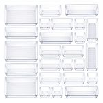 25 PCS Clear Plastic Drawer Organizers Set, 4-Size Versatile Bathroom and Vanity Drawer Organizer Trays, Storage Bins for Makeup, Bedroom, Kitchen Gadgets Utensils and Office Accessories