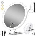 20X Magnifying Mirror with Light, 15cm Large 3 Colors Dimming Lighted Magnified Mirror 20x with Suction Cups and Table Stand, Rechargeable Vanity Tabletop Makeup Mirror with Tweezers & Scissors