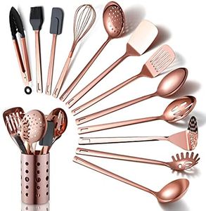 Ensemble D'ustensiles de Cuisine en Cuivre, Ensemble D'ustensiles de Cuisine en Acier Inoxydable de 13 Pièces Avec Placage En or Rose en Titane, Ensemble D'outils de Cuisine Avec Porte-Ustensiles
