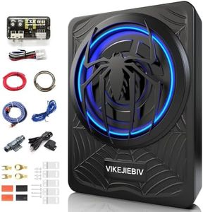 10" 1200W Slim Under-Seat Powered Car Subwoofer with Built-in Amplifier, High/Low Level Inputs, Blue LED Ambient Light, Remote Control for Gain, Bass Boost & LPF, Deep Bass for Truck/SUV/Jeep/MPV