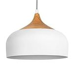 Tomons Pendant Light Modern Lantern Lighting with LED Bulb, Wood Pattern Dome Minimalist Style Ceiling Hanging Lamp for Kitchen Island, Dining Room, Living Room, Bedroom, Coffee Bar - White