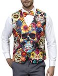 Mens Day of Dead Dia De Los Muertos Costume Mexican Sugar Skull Waistcoat Vest with Bow Tie, Flower Skull, XX-Large